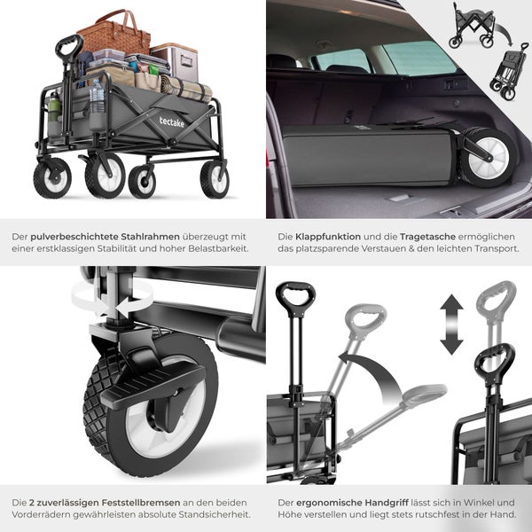 Faltbarer Bollerwagen von tectake mit pulverbeschichtetem Stahlrahmen, Feststellbremsen, höhenverstellbarem Handgriff und Transporttasche.