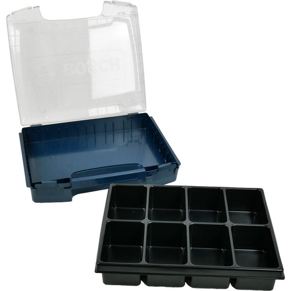 Bosch Kleinteilemagazin mit offenem transparentem Deckel mit Bosch Logo, acht schwarzen Einsatzboxen und blauem Gehäuse.