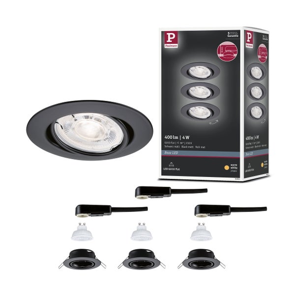 Paulmann LED Einbaustrahler Set Base mit drei matt schwarzen Strahlern, GU10 flach Leuchtmitteln, 4 Watt, 400 Lumen und warmweißem Licht.