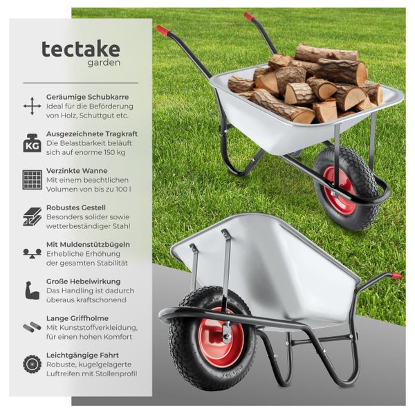 Tectake Schubkarre mit Holzladung, verzinkter Wanne, robustem Stahlgestell und Luftreifen