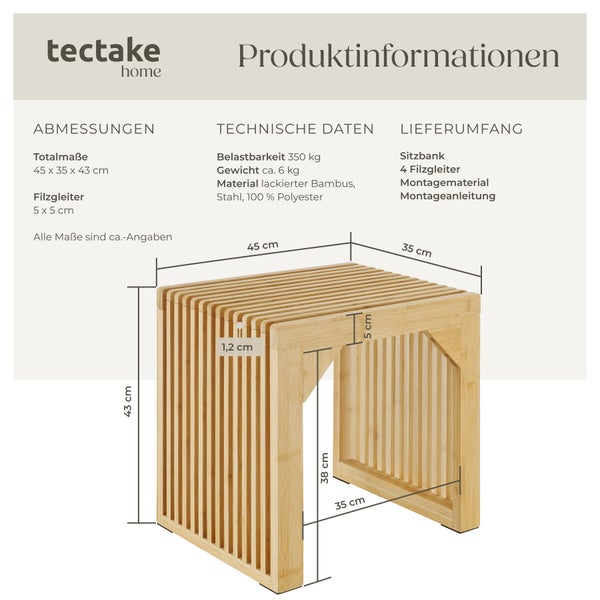 Technische Zeichnung der Tectake Sitzbank aus lackiertem Bambus mit Maßangaben für Abmessungen und Details zum Lieferumfang.