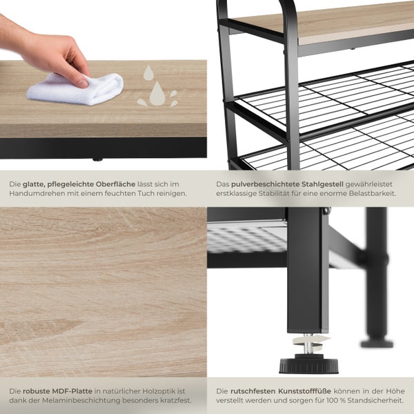 Detailansichten eines Schuhregals: Reinigung der Oberfläche, Stahlgestell, MDF-Platte und verstellbare Füße.