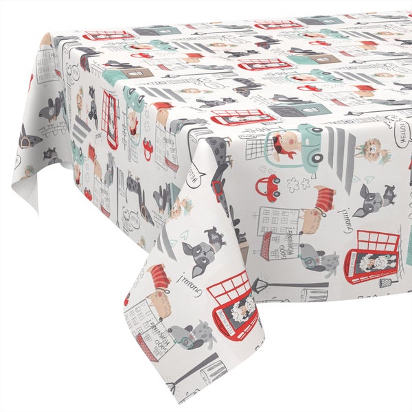 Abwaschbare Tischdecke mit Hunden, Telefonzellen, Autos und Stadtmotiven.