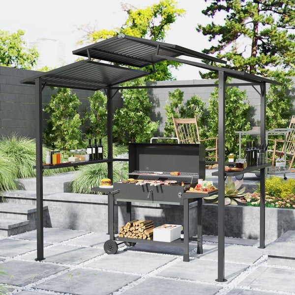 Outsunny Grillpavillon 250 x 160 x 250 cm wasserdicht Gartenpavillon mit Doppelschichtdach, Seitenregalen, Gartenlauben mit UV-Schutz, BBQ Pavillon, Gartenzelt Grillzelt für Garten Party BBQ, Schwarz