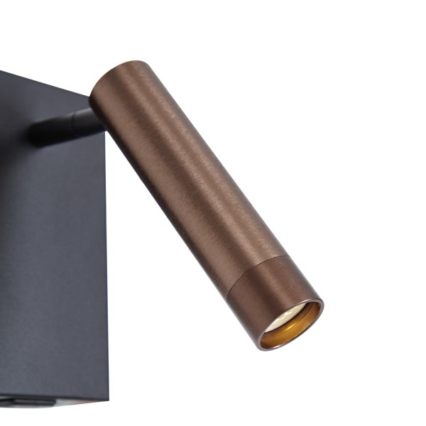 Zylindrischer Wandspot aus Metall in Bronze gebürstet mit schwarzer Wandhalterung.