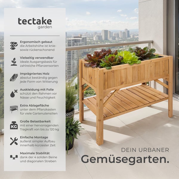 Hochbeet aus Holz mit Ablagefläche und Salatbepflanzung auf einem Balkon.