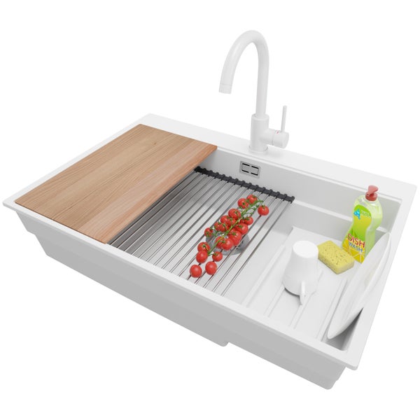 PRIMAGRAN Granitspüle Weiß 78x53cm, Spülbecken 1 Becken + Küchenarmatur 32x20cm + Ablauf-Set + Küchenzubehörset, Küchenspüle ab 80er Unterschrank - Oslo Max