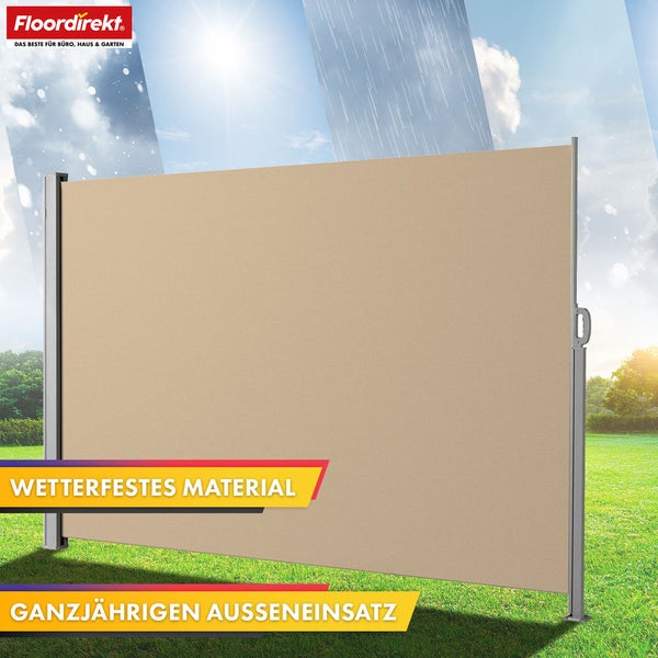 Beige Seitenmarkise für den ganzjährigen Außeneinsatz aus wetterfestem Material