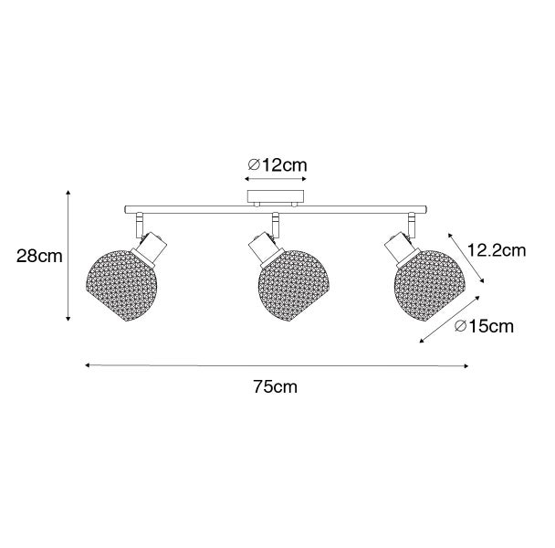 Technische Zeichnung einer Deckenleuchte mit drei Strahlern, Maße sind angegeben