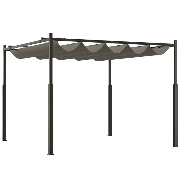 Pergola mit dunklem Metallgestell und ausziehbarem, grauem Stoffdach für Garten oder Terrasse.