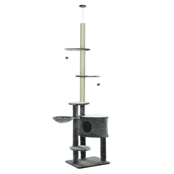 PawHut Kratzbaum Deckenhoch Höhenverstellbar 220-265cm Katzenbaum mit Sisalsäulen, Spielball, Höhenverstellbarer Katzenkratzbaum, Katzen Kletterbaum mit Katzenbett, Katzenhaus, Dunkelgrau