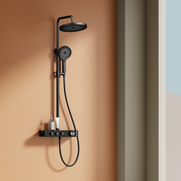 EMKE Duschsystem mit Thermostat, Schwarz Matt, 36×24 cm Regendusche & Handbrause mit 3 Strahlarten, höhenverstellbare 1100 mm Brausestange, 355 mm Auslauf, 1,5 m Schlauch, Duscharmatur