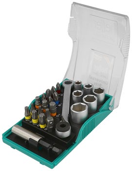 Heller Universal Bits und Steckschlüssel Set in Kunststoffbox mit Ratsche und verschiedenen Einsätzen.
