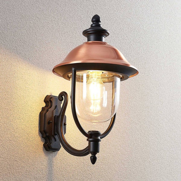 Lindby Wandleuchte außen (Laterne) Clint (spritzwassergeschützt (Retro, Vintage Antik) in Kupfer aus Aluminium (1 flammig E27) - Außenwandleuchten Wandlampe Led Außenlampe Outdoor für