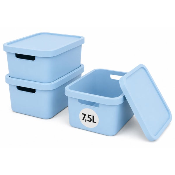 Set aus drei Kunststoff Aufbewahrungsboxen mit Deckel und sieben Komma fünf Liter Fassungsvermögen