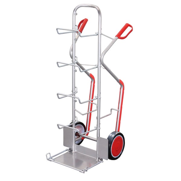 Sackkarre aus Metall mit roten Griffen und Halterungen für den Transport von Flaschen oder Rohren.