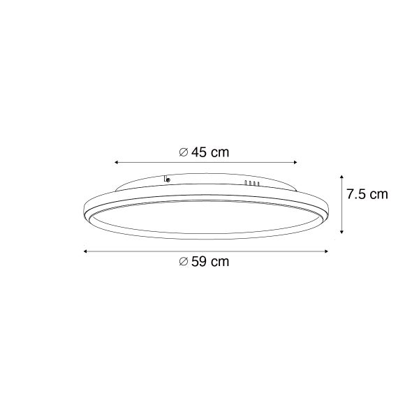Technische Zeichnung einer Deckenleuchte mit den Maßen 45 cm Durchmesser innen und 59 cm Durchmesser außen sowie 7,5 cm Höhe.