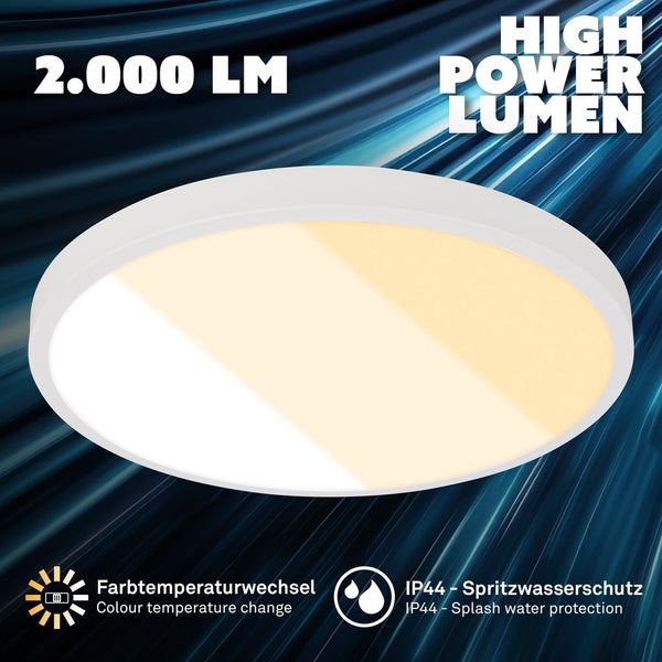 Runde LED Deckenleuchte mit 2000 Lumen, einstellbarer Farbtemperatur und Schutzart IP44 fuer Spritzwasserschutz