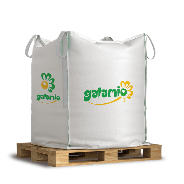 Galamio Big Bag auf einer Holzpalette für Gartenmaterialien und Baustoffe, Galamio Logo.
