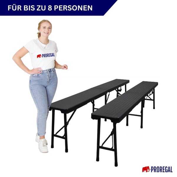 Zwei Festzeltbänke aus Kunststoff mit Metallgestell, geeignet für bis zu acht Personen