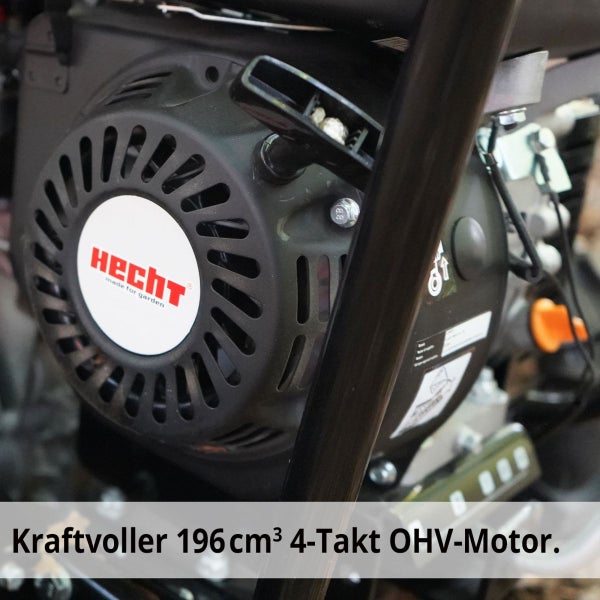 Hecht Vier-Takt Motor mit obenliegenden Ventilen, 196 Kubikzentimeter Hubraum und Seilzugstarter.