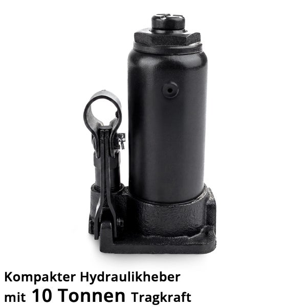Kompakter Hydraulikheber aus Metall mit 10 Tonnen Tragkraft.