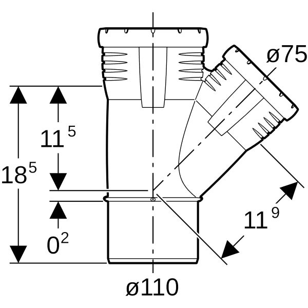 Technische Zeichnung eines HT-Abzweigs, Durchmesser 110 Millimeter, Abgang 75 Millimeter, 45 Grad Winkel, inklusive Maßangaben.