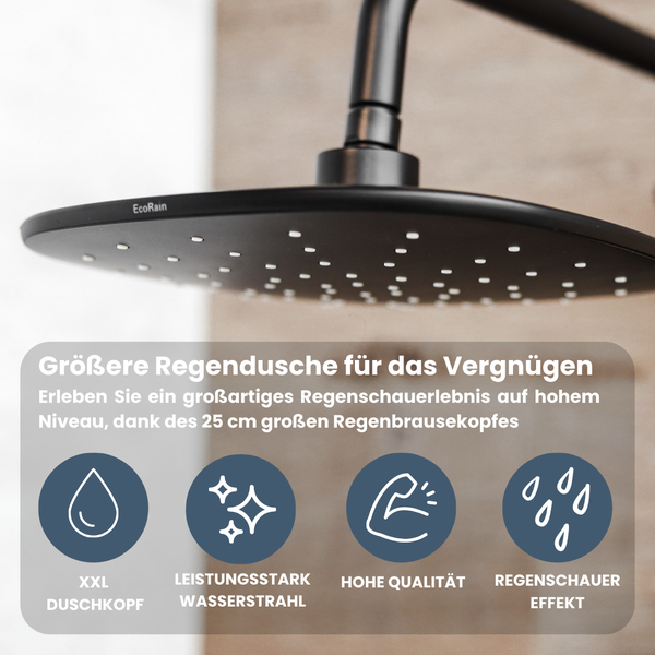 EcoRain 30% Wassersparender Regendusch-Duschset Kay 25 CM mit Thermostatarmatur - Handbrause 12 CM - Hoher Druck - Universell - Anti-Kalk Duschkopf - Schwarz