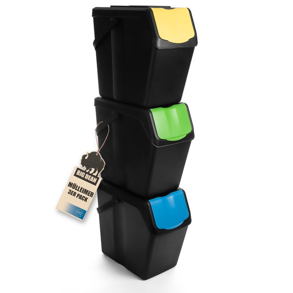 Drei schwarze Mülleimer mit gelbem, grünem und blauem Deckel, gestapelt