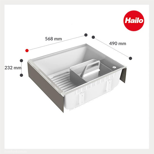 Hailo Schubladeneinsatz für die Küche mit Maßen 568 Millimeter Breite, 490 Millimeter Tiefe und 232 Millimeter Höhe sowie Hailo Logo.
