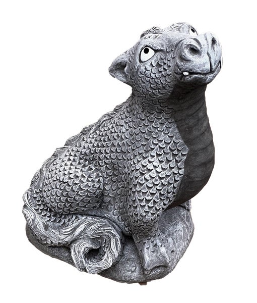 Gartenfigur Drache aus Steinguss, sitzender kleiner Drache mit Schuppen und großen Augen für die Gartendekoration
