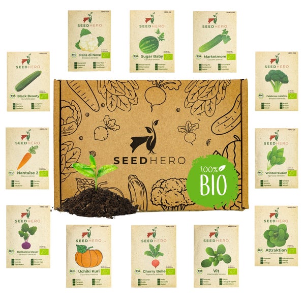 SeedHero Bio-Gemüse-Starterset mit 12 Bio-Saatgutsorten wie Karotte und Kürbis in einer Kartonbox mit Bio-Siegel.