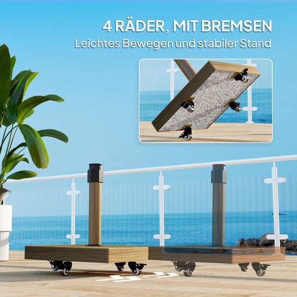 Zwei Sonnenschirmständer mit jeweils vier Rädern und Bremsen auf einer Terrasse