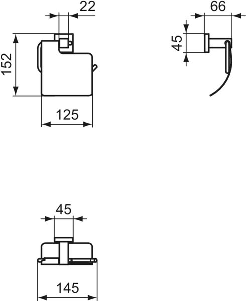 Technische Zeichnung eines Toilettenpapierhalters mit Maßangaben