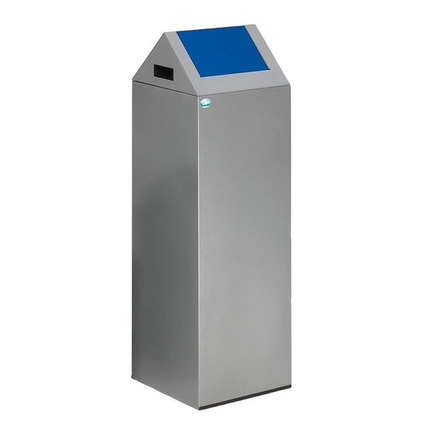 Wertstoffsammler aus Metall mit blauem Einwurfschlitz und Giebeldach.