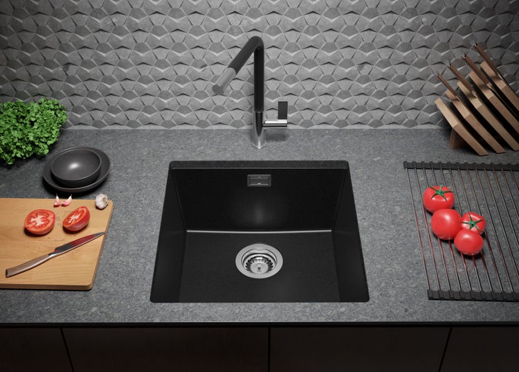 PRIMAGRAN Unterbauspüle Granit Alles Schwarz 46x47cm, Spülbecken 1 Becken + Ablauf-Set, Granitspüle ab 50er Unterschrank - London