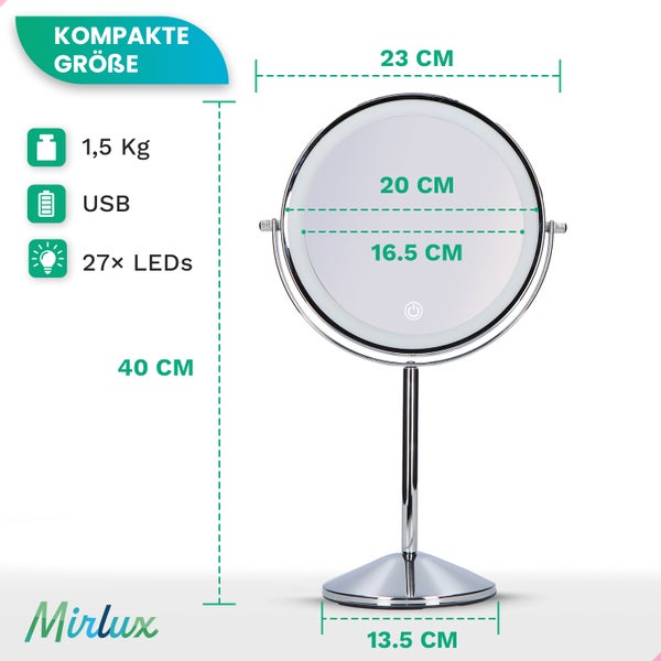Mirlux Kosmetikspiegel mit LED Beleuchtung 10fache Vergrößerung  Rund 3 Lichtstufen Wiederaufladbar Chrom
