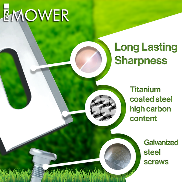 Details zu einem Rasenmähermesser: Langanhaltende Schärfe, Stahl mit Titanbeschichtung und hohem Kohlenstoffgehalt sowie verzinkte Stahlschrauben.