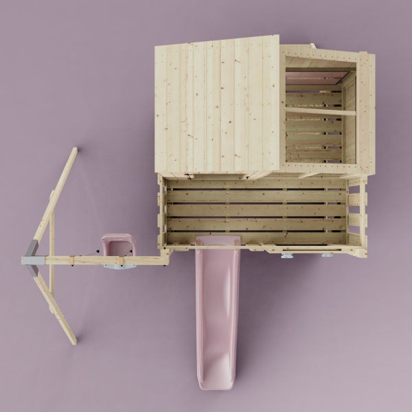 Spielturm mit Rutsche, Schaukel und Haus aus Holz