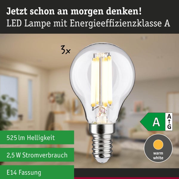 Dreierpack LED-Filament-Lampen mit E14-Fassung, 525 Lumen Helligkeit, 2,5 Watt Stromverbrauch, Energieeffizienzklasse A und warmweißem Licht.