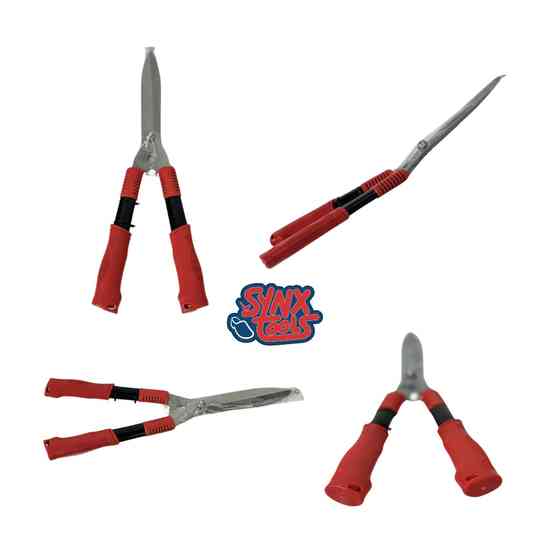 Verschiedene Ansichten einer Strauchschere mit roten Griffen