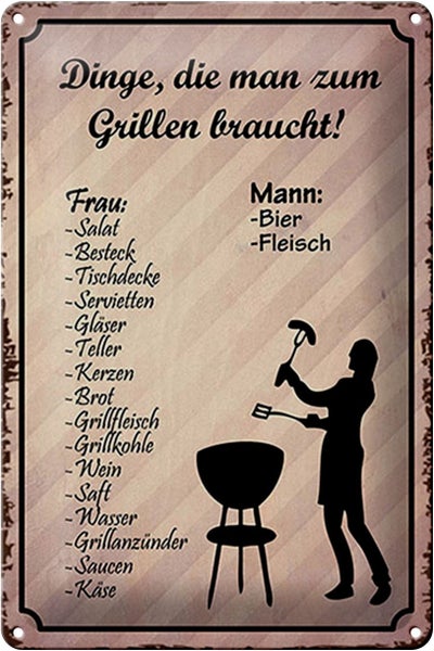 Blechschild Spruch 20x30cm Dinge die man zum Grillen braucht