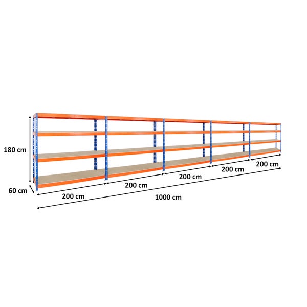 PROREGAL Mega Deal 5x Profi Schwerlastregal Rhino HxBxT 180 x 200 x 60 cm 4 Spanplatten-Ebenen 8mm Fachlast 500 kg Blau-Orange