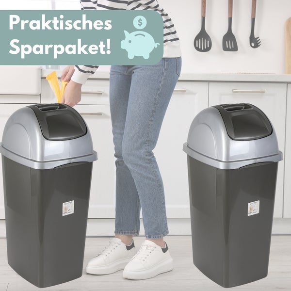 Zwei GarPet Mülleimer mit Schwingdeckel in einer hellen, organisierten Küche. Eine Person setzt einen Müllbeutel ein. GarPet Logo. Sparpaket.
