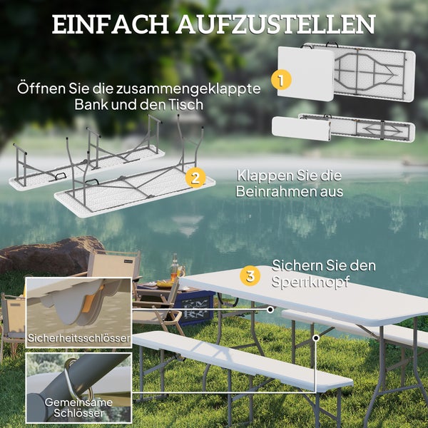 Outsunny Bierzeltgarnitur Klappbar 3-teiliges Set Campingtisch, 2 Bierbank mit Tragegriff, Festzeltgarnitur Biertischgarnitur für Balkon, Garten, Partyzelt 180 x 74 x 74 cm