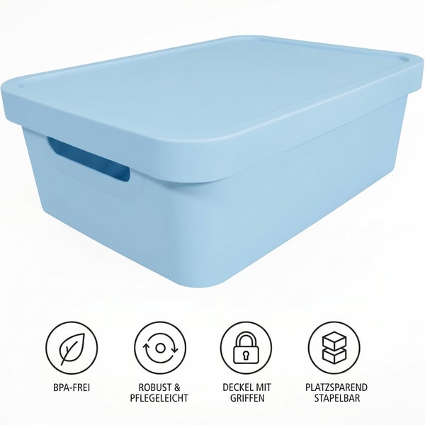Kunststoff Aufbewahrungsbox mit Deckel und Tragegriffen, stapelbar, BPA-frei, robust und pflegeleicht.
