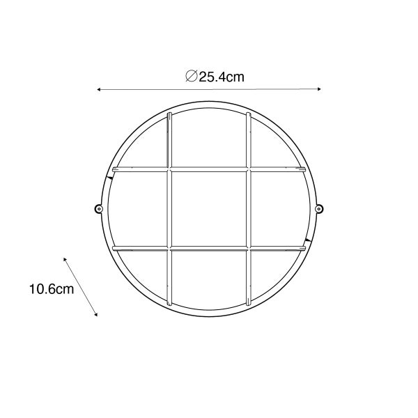 Technische Zeichnung einer runden Gitterleuchte mit einem Durchmesser von 25,4 Zentimetern und einer Tiefe von 10,6 Zentimetern.