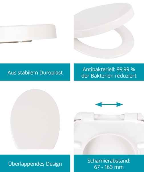 Übersicht der Produkteigenschaften eines WC Sitzes aus Duroplast mit antibakterieller Oberfläche, überlappendem Design und verstellbarem Scharnier