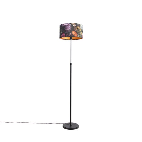 QAZQA - Klassisch I Antik Stehleuchte I Stehlampe I Standleuchte I Lampe I Leuchte schwarz mit Veloursschirm Blüten 35 cm - Parte I Wohnzimmer I Schlafzimmer - Stahl Zylinder I Länglich I Rund - LED g