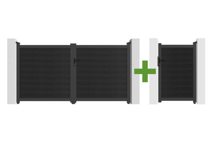 Set aus zweiflügeligem Einfahrtstor und einflügeligem Gartentor mit horizontalen Lamellen in Holzoptik.